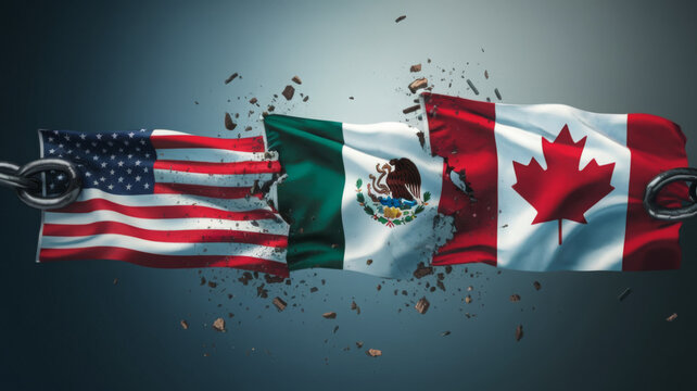 Flags of the usmca members breaking apart, representing the trade war and tariffs between united states, mexico and canada 
