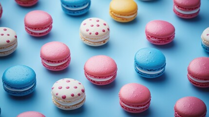 Obraz premium A close-up view of colorful macarons arranged on a vibrant blue surface.