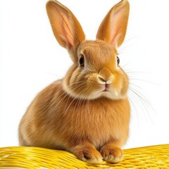 Obraz premium Adorable Fluffy Bunny: Cute Domestic Rabbit with Orange Fur in Studio Portrait Close-Up. White background with clipping path 