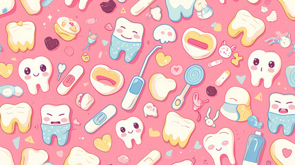 Colorful and playful dental-themed illustration featuring cute teeth, dental tools, and sweets on pink background