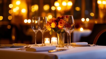 Elegant dinner setting with wine glasses and roses in a softly lit restaurant atmosphere
