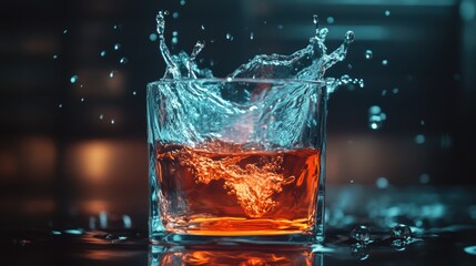 A glass of water with liquid splashes creating an artistic effect.