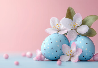 Easter blue eggs cherry blossom branch flowers background. Mockup, copy space. Holidays concept
