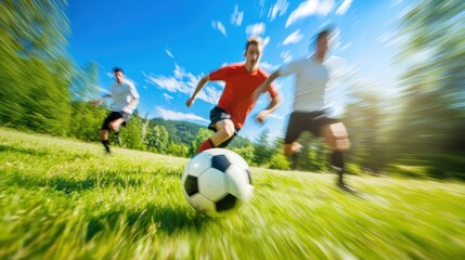 Fototapeta premium Two boys play soccer on a green field with a ball under a clear blue sky.