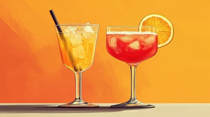Two refreshing cocktails with ice and orange slice garnishes in elegant glassware against a vibrant orange gradient backdrop