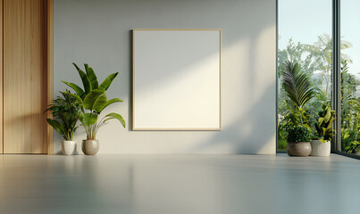 A minimalist interior with a blank framed poster, surrounded by lush green houseplants in stylish ceramic pots, creating a serene and modern natural aesthetic