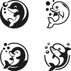 Minimalist Dolphin Logos - Black and White Circular Marine Life Icons with Playful Designs