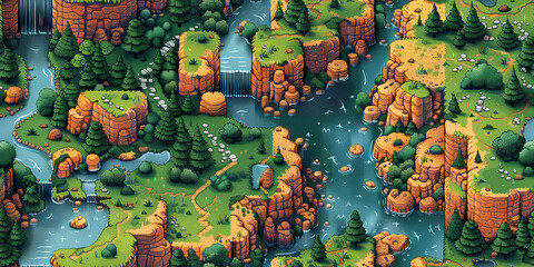 Fototapeta premium River with waterfalls and cliffs in a pixel art landscape of adventure and fantasy. Generated with AI.