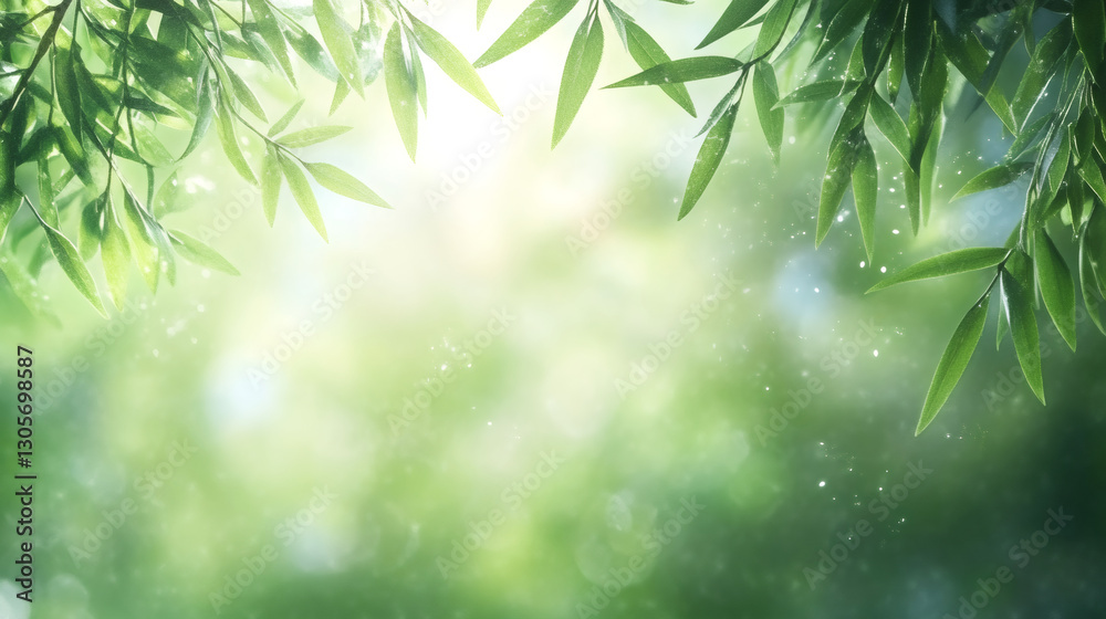Poster beautiful green leaves frame a bokeh background with sunlight shining through, creating a serene and