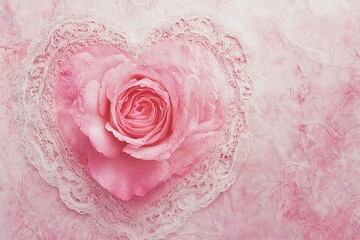 Heart-shaped arrangement with pink rose and lace on a soft pink background