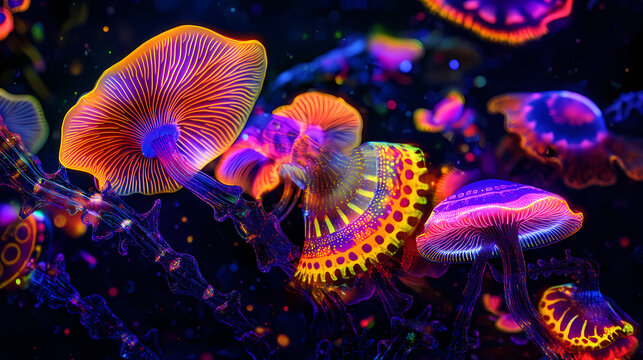 Vibrant neon-colored fictional mushroom against a black background, fungi, neon, colorful, psychedelic, fantasy, glowing, vibrant. Luminescent - Ocean. Illustration