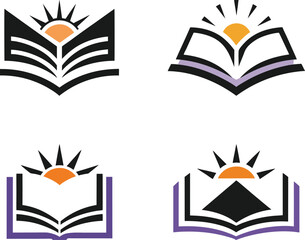 Minimalist Book Icons - Stylized Open Books with Rising Sun and Knowledge Symbols