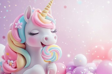 Colorful unicorn enjoys a sweet lollipop in a whimsical setting filled with pastel tones