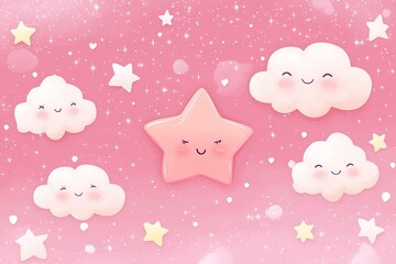 Delightful pastel clouds and smiling star against a soft pink background filled with tiny stars