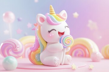 Fototapeta premium Cute unicorn character enjoying a colorful lollipop in a dreamy pastel landscape