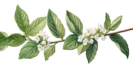 Obraz premium Blooming branch, white flowers, green leaves, botanical art