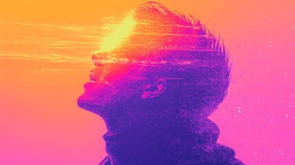 Young man's head and shoulders, bathed in vibrant pink and orange hues, evokes a dreamy, surreal atmosphere.