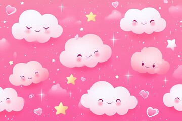Soft clouds with smiling faces and stars on a bright pink background create a whimsical atmosphere
