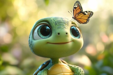 Fototapeta premium Cute turtle with big eyes enjoying a moment with a butterfly in a lush environment