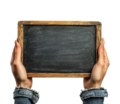 Display chalkboard in hands. Isolated on transparent background, png. - Powered by Adobe
