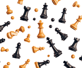 Chess pieces falling game scene. Isolated on transparent background, png.