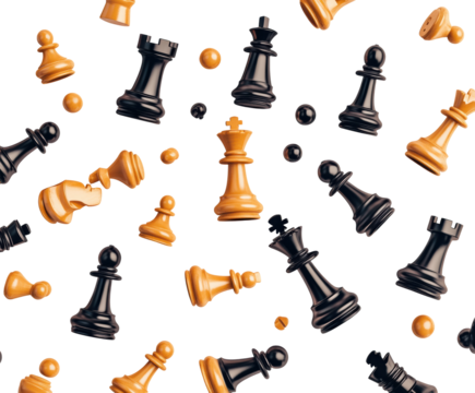 Chess pieces falling game scene. Isolated on transparent background, png.