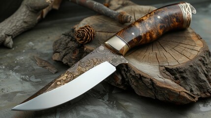 Handmade hunting knife with polished blade. AI generative.