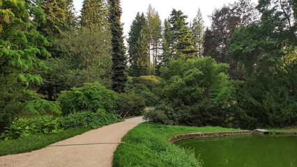 Pathway winding through lush green park in pruhonice, czech republic