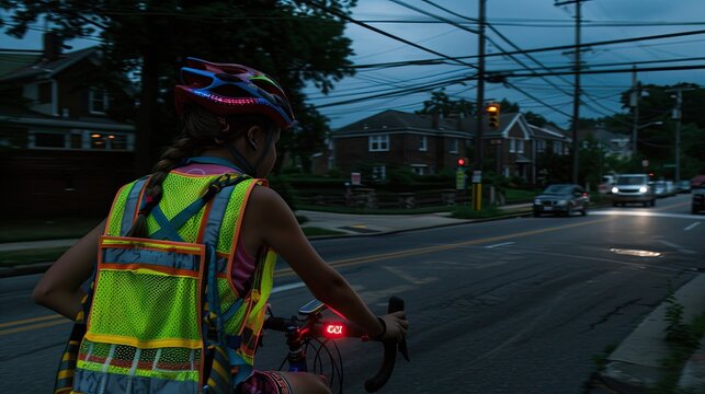 A cyclist navigates a tranquil nighttime street, donned in a reflective vest for safety