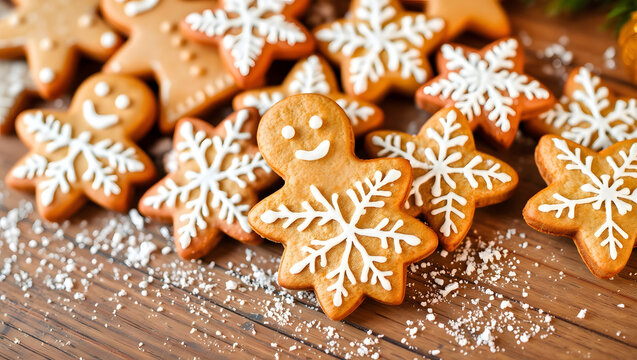 A delightful collection of gingerbread cookies in various festive shapes, artfully decorated and arranged on a wooden surface