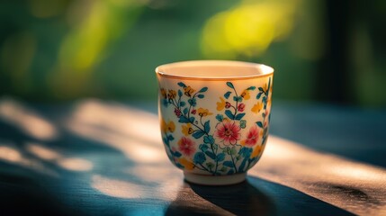 Floral teacup in sunlight on wooden surface.