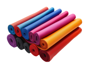 Display yoga mats for fitness overhead. Isolated on transparent background, png.