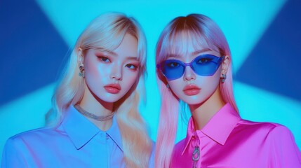 Two women in blue sunglasses and pink shirts smiling for a photo together.