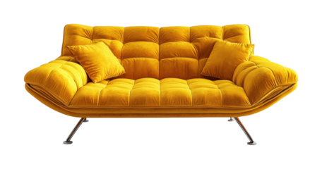 Chic yellow sofa for contemporary spaces. Isolated on transparent background, png.