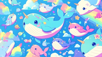 Colorful underwater scene featuring playful narwhals swimming among vibrant clouds and rainbows