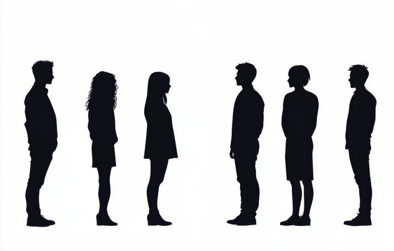 Vector silhouettes of men and a women, a group of standing and walking business people, black color isolated on white background 
 - Powered by Adobe
