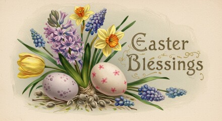 Spring flowers and decorated eggs with easter blessings