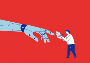 Human designing robotic arm on vibrant red background for innovative technology concepts