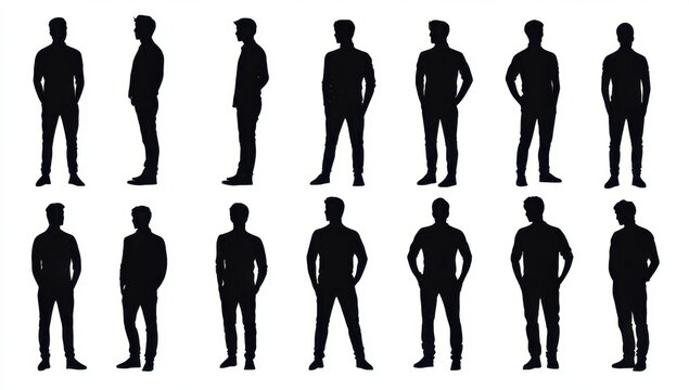 collection of different silhouette male body posing with business working suit, isolated vector 
