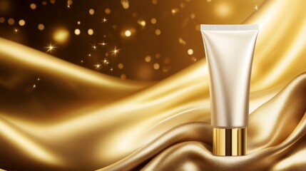 Elegant golden cosmetic tube on luxurious fabric with sparkling background, ideal for beauty marketing
