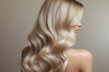 Portrait of a blonde woman with curly hair. Open part of the face. Back view