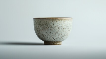 Small, speckled, light-grey ceramic teacup on white background.