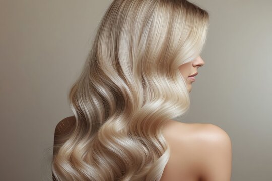 Portrait of a blonde woman with curly hair. Open part of the face. Back view