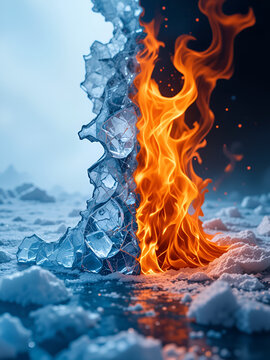 Contrast between burning fire and frozen cold ice wallpaper background symbolizing difference and individuality.