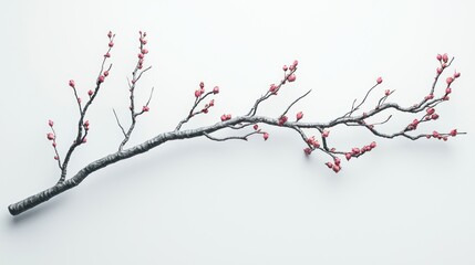 Single grey branch with small pink buds on white background.