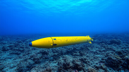 A yellow autonomous underwater vehicle is suspended over the ocean, preparing for a dive, symbolizing advanced technology, exploration, and environmental research in the vast underwater world