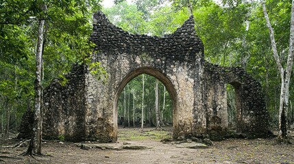 Ancient stone archway in lush jungle.