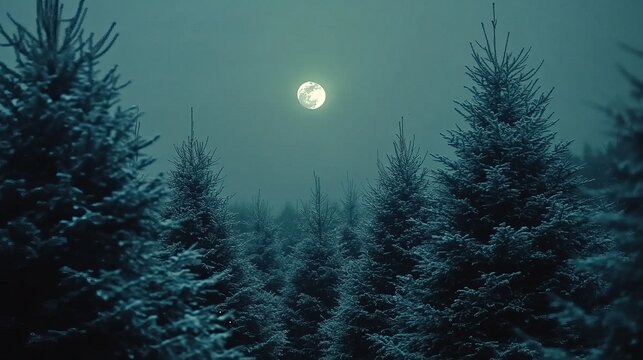 Christmas tree forest at night with moonlight filtering through, cool silvery tones, and soft glowing lights, peaceful magical mood, eye-level shot.