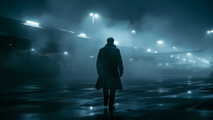 A solitary figure walks through a misty airport terminal at night.