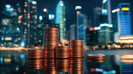 Golden Coins Stacked Against Night City Skyline